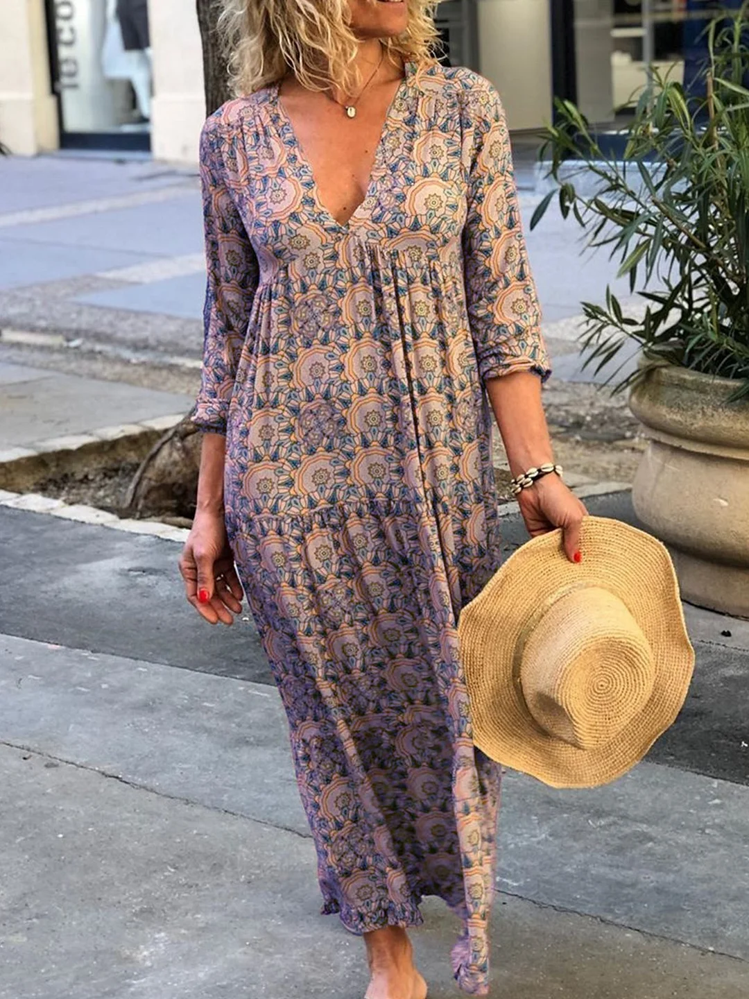 V Neck Boho Floral-Print Summer Dress