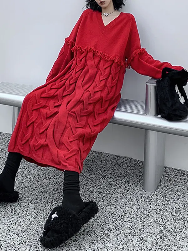 Solid Color Split-Joint Tasseled Long Sleeves Loose V-neck Sweater Dresses Midi Dresses