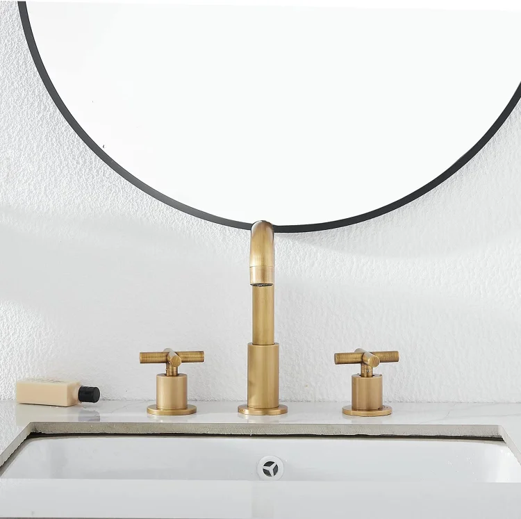 2 Handle Bathroom Faucet 3 Holes 360 Swivel Spout Antique Brass Widespread Bathroom Sink Faucet with Pop Up Drain