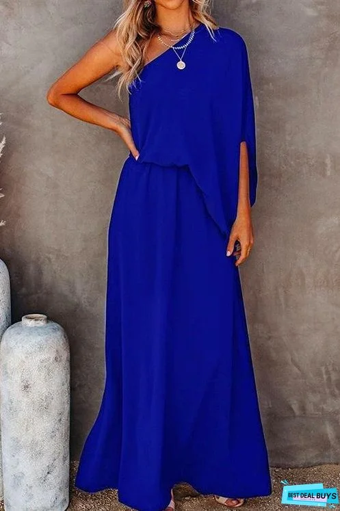 Meridress One Shoulder Batwing Sleeve Waisted Side Split Maxi Dress