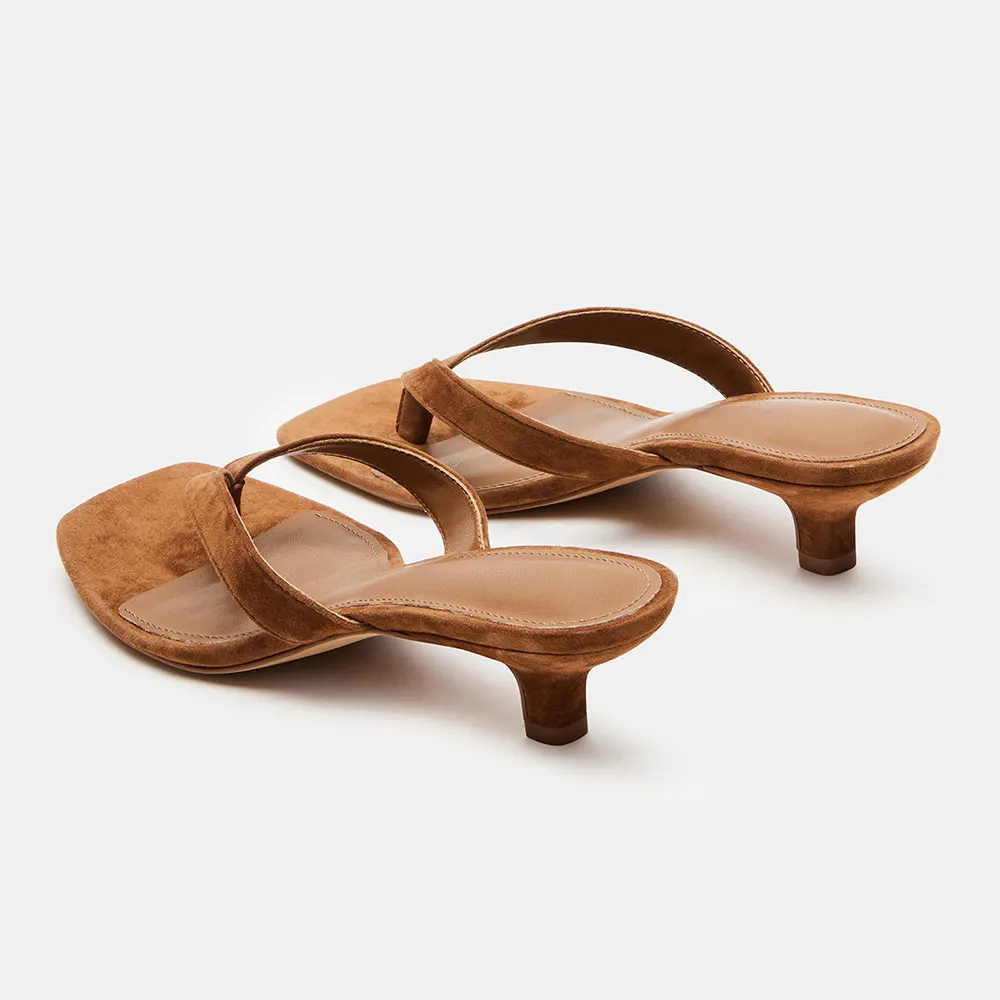 YDN Brown Vegan Suede Open Square Toe Kitten Heel Slides Shoes