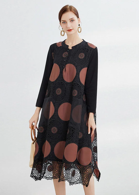 Vintage Chocolate Embroideried Pockets Lace Dress Spring