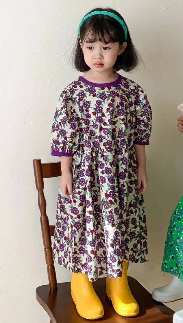 Retro Baby Spring Summer Girls Cotton Dress Kids Teenagers Children Clothes Outwear Puff Long Sleeve High Quality