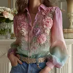 Women's Bohemian Floral Pattern Linen Shirt - Image 2