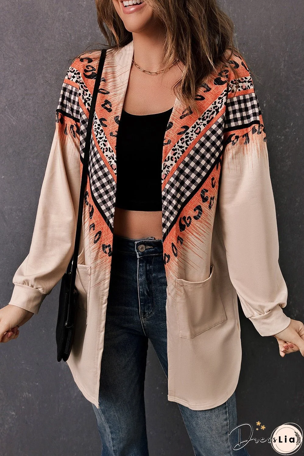 Double Take Leopard Plaid Open Front Longline Cardigan with Pockets