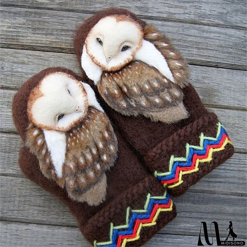 MidiSono - Super Cute 3D Owl Knitted Wool Warm Nordic Mittens for Women