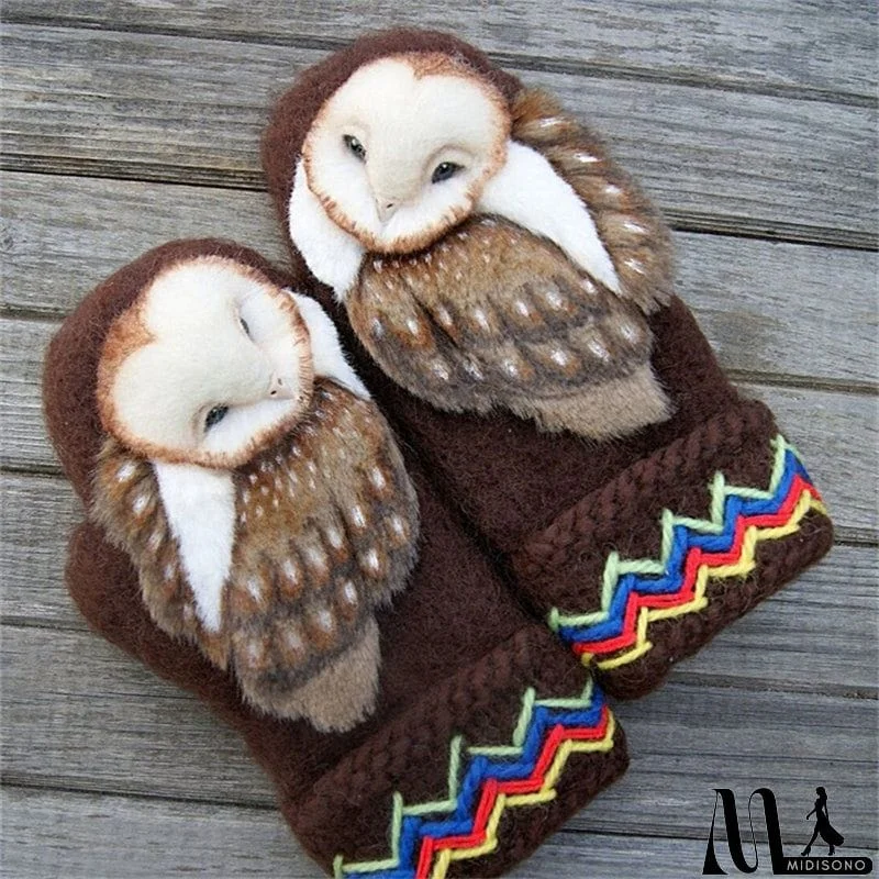 MidiSono - Super Cute 3D Owl Knitted Wool Warm Nordic Mittens for Women