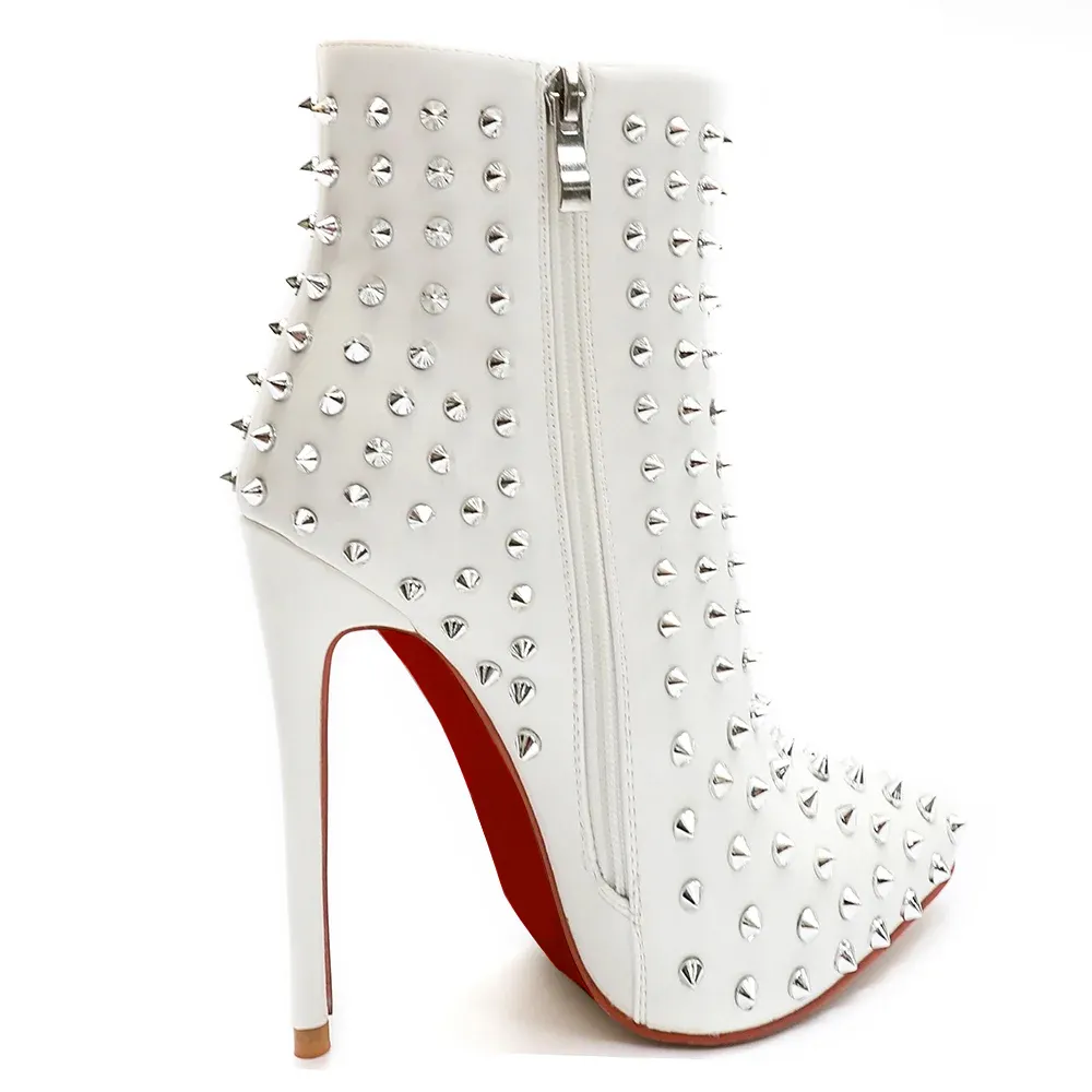 100mm/120mm Women's Ankle Boots with Rivets Closed Pointed Toe Stilettos Red Bottom Boots-vocosishoes