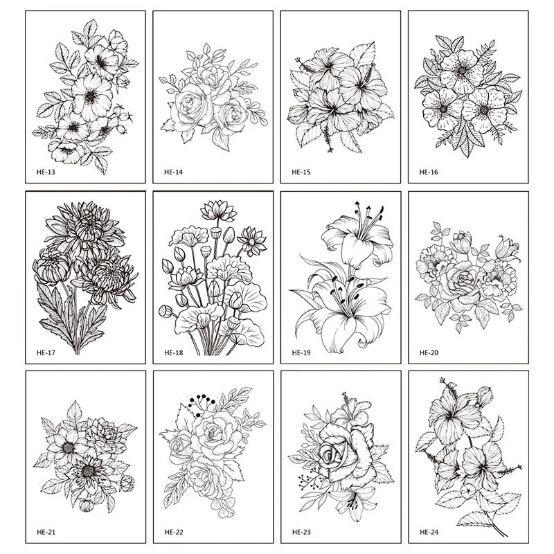 12Pcs/Lot Sketch Flower Temporary Tatoo Sticker Black and White Waterproof Flower Arm Tattoo Sticker Fake Tattoo for Woman Art