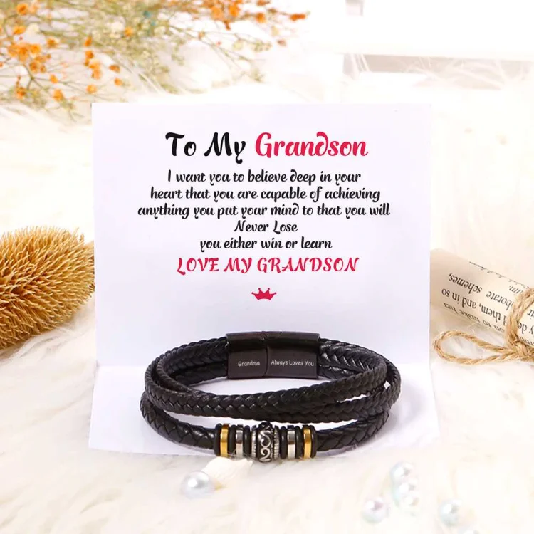 To My Grandson, Inspirational Leather Bracelet Bangle with Message Card Gifts For Him
