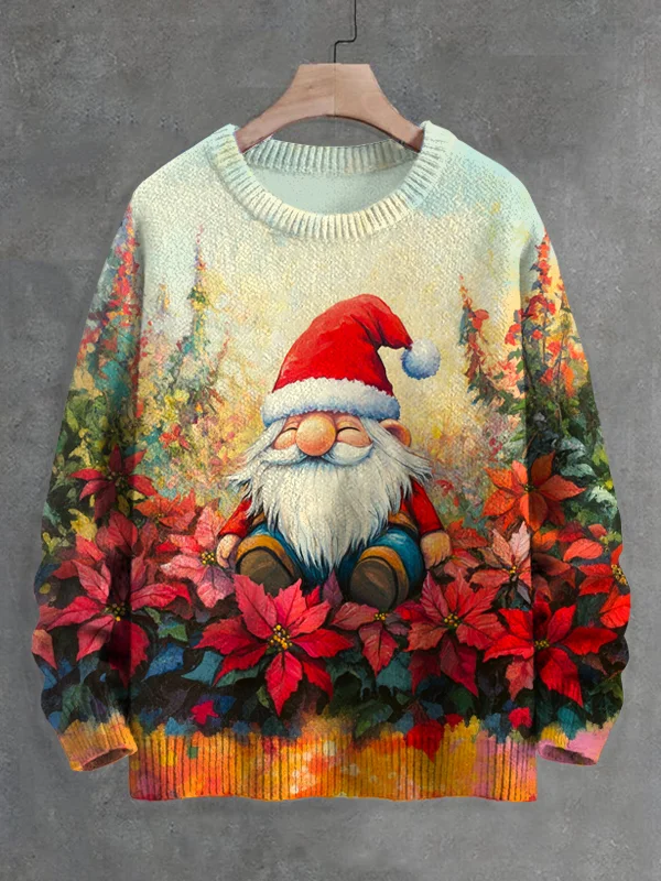Men's Christmas Gnome Flower Field Print Knit Sweatshirt
