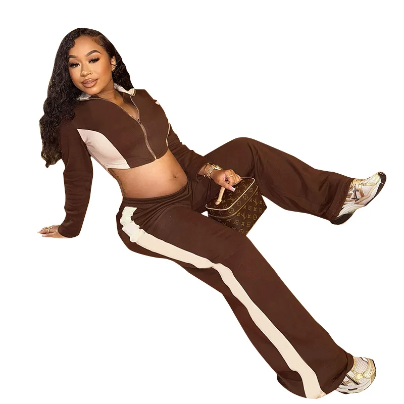 Uveng Uveng Women's Autumn And Winter Bumpy Short-D Waist Clip Zipper Tight Waist Straight Trousers Set