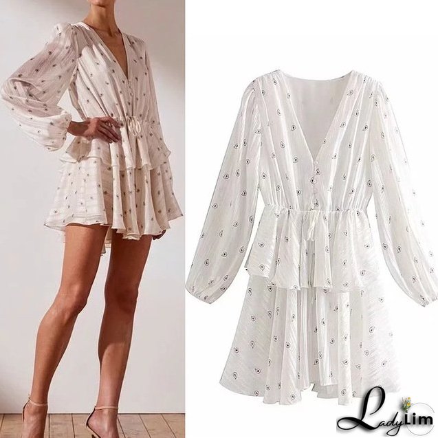 Sweet V-Neck Dress Multi-Layer Lace Detail