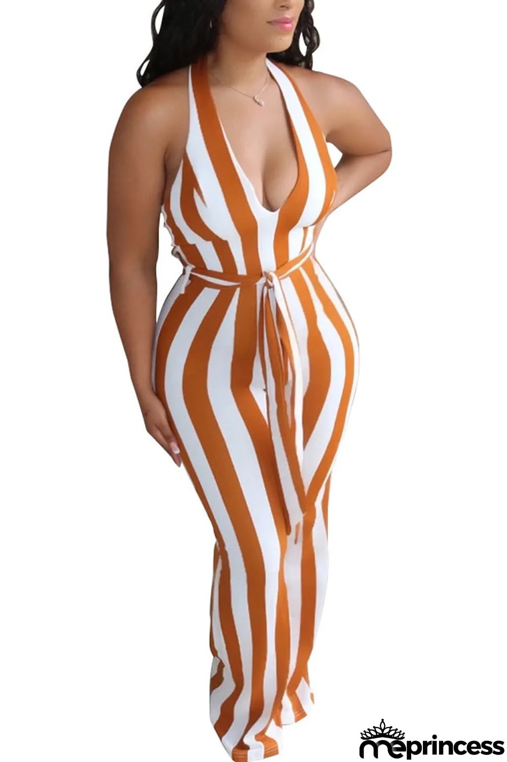 Black Fashion street Striped Backless Polyester Sleeveless V Neck Jumpsuits