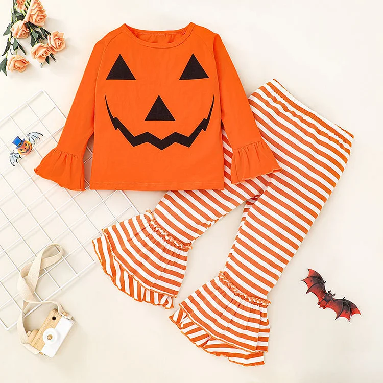 2pcs Baby Girl Hallowen Tops with Stripe Print Bell Bottoms Set