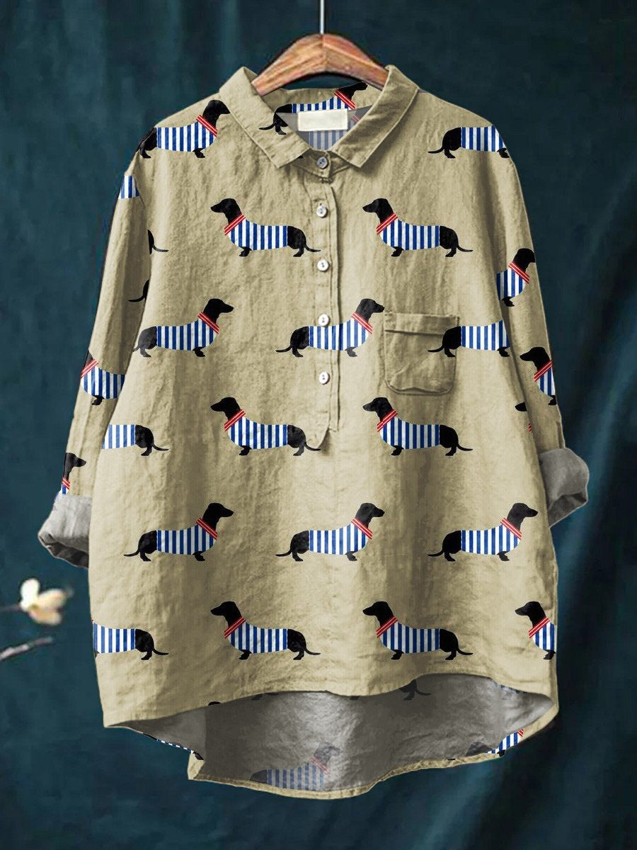 Women's Funny Dog Art Print Casual Cotton And Linen Shirt