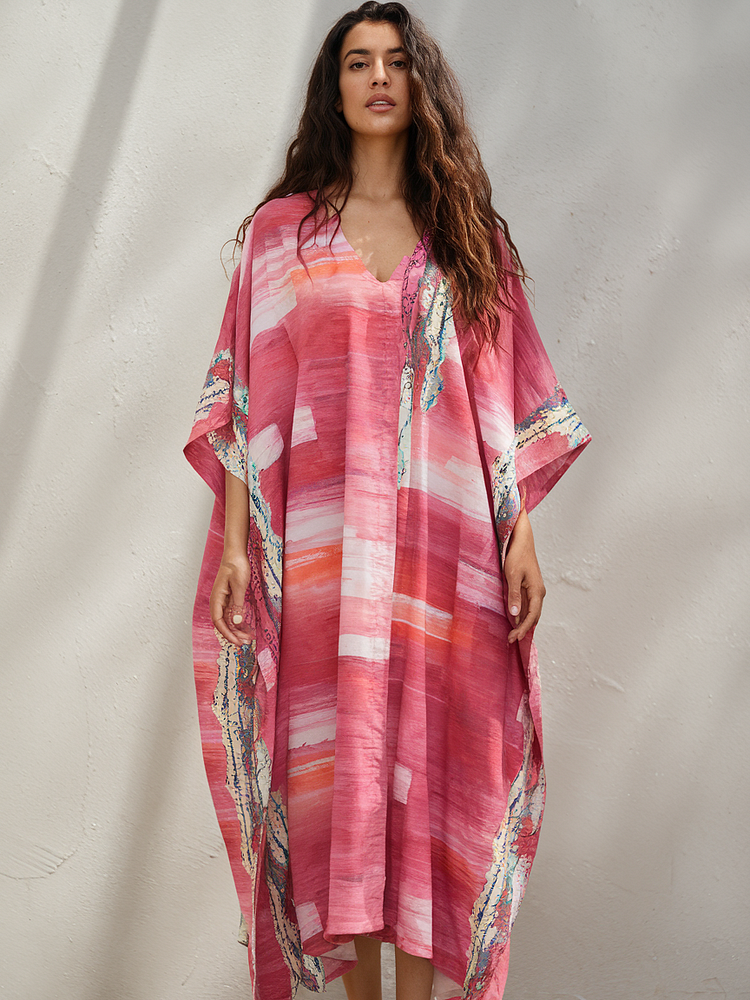 Linen Printed Kaftan Maxi Dress