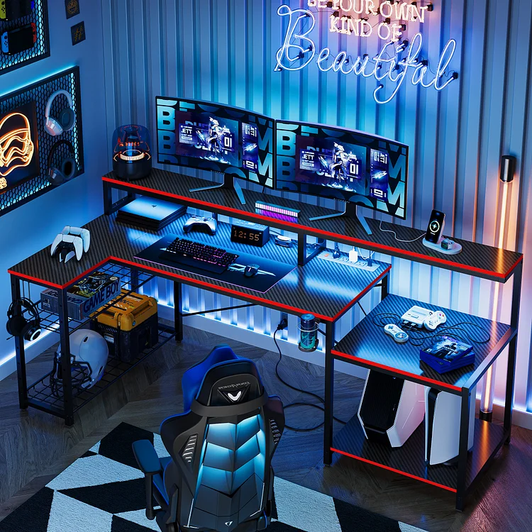 Bestier 71 inch L-Shaped Gaming Desk with Power Outlets LED Computer Office Table with Monitor Stand & Storage Shelf in Black Carbon Fiber