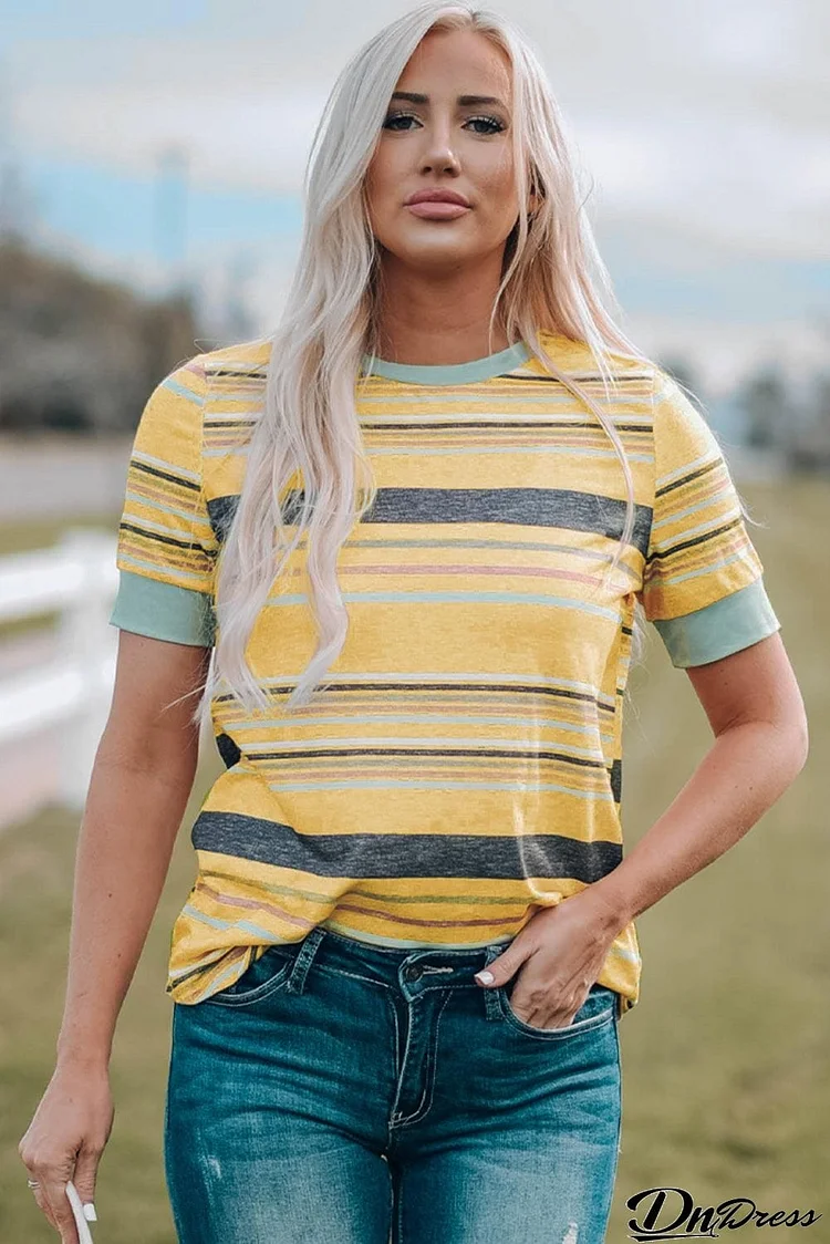 Multicolored Striped Round Neck Tee Shirt