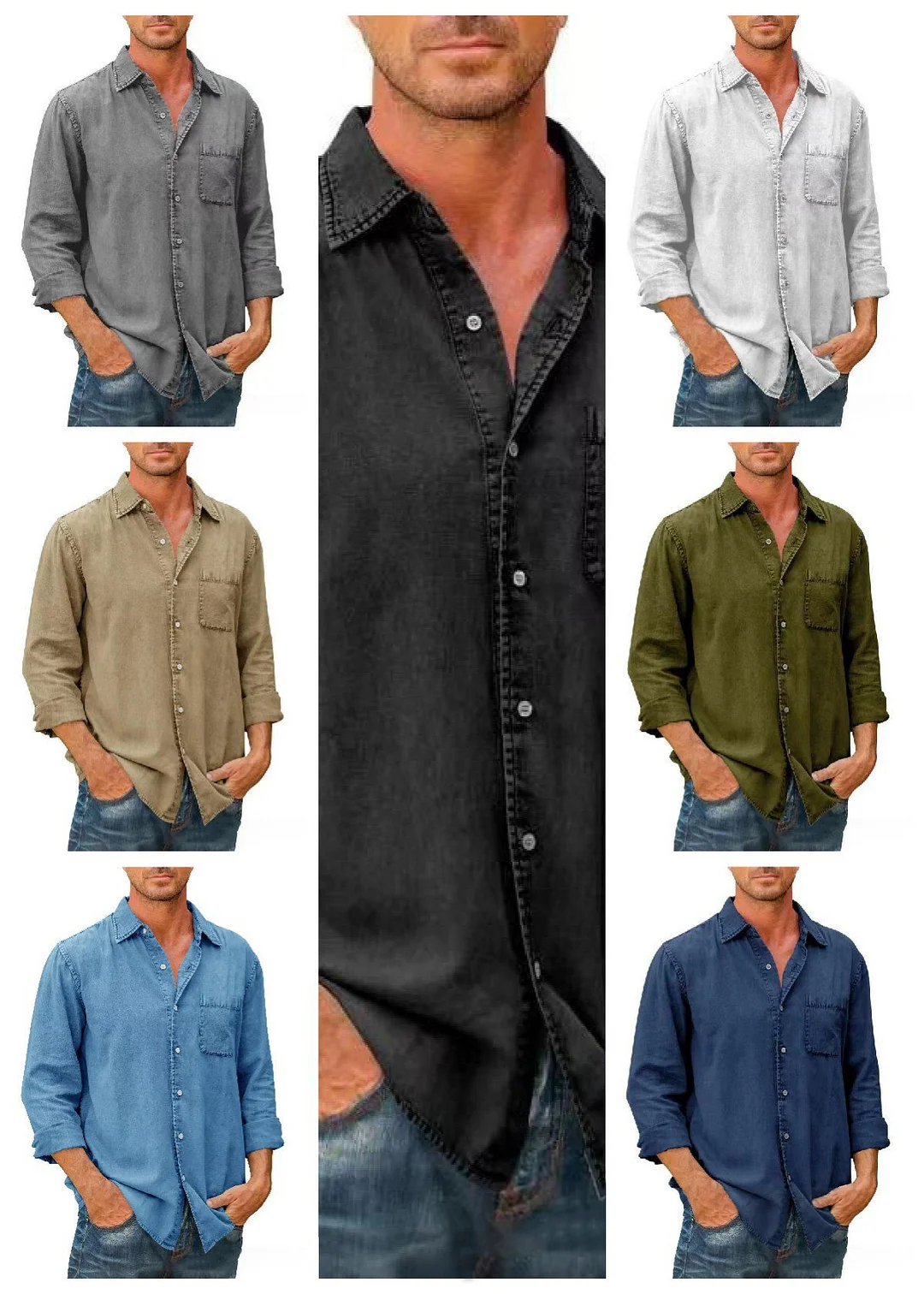 🔥Mens Denim Long Sleeve Button Down Shirt