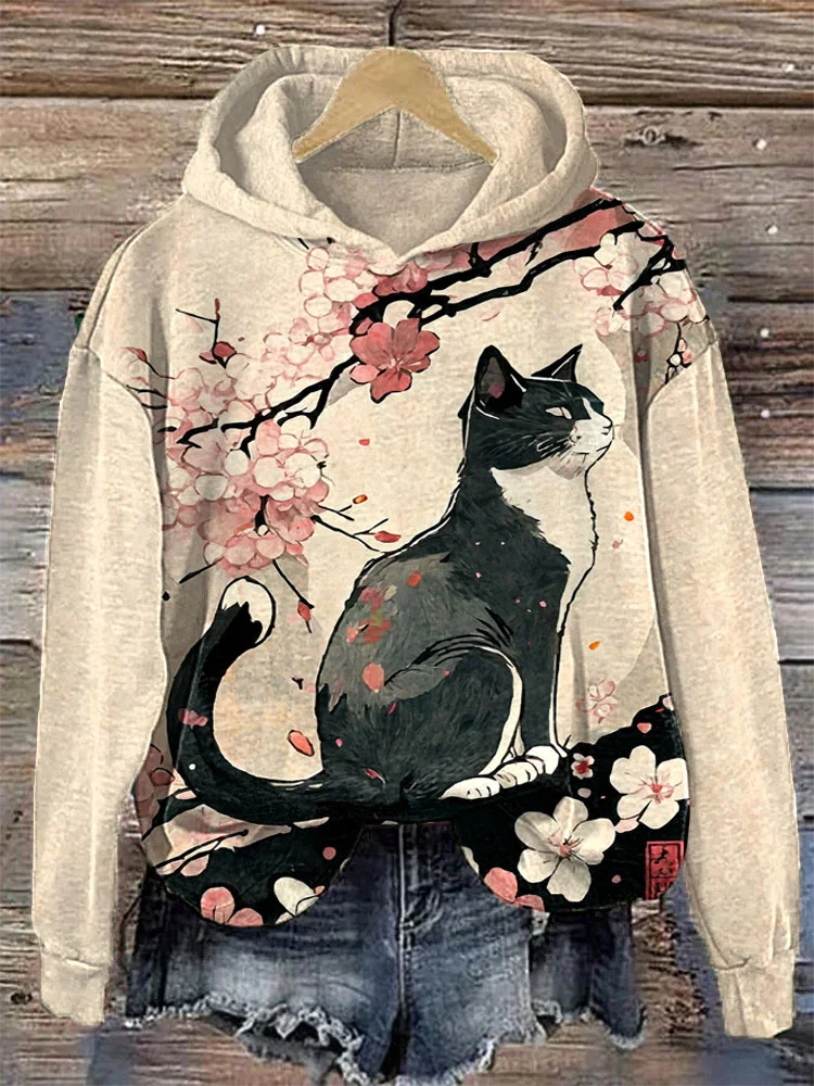 Japanese Art Style Floral Cat Print Casual Hoodie