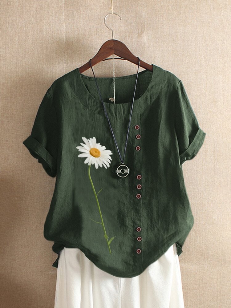 Daisy Flower Print Short Sleeve O neck T shirt For Women P1657759