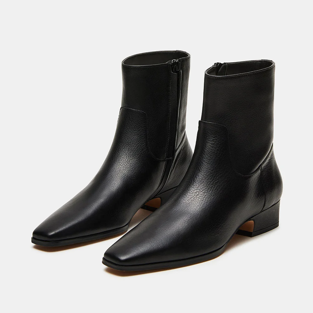 Black Vegan Leather Chunky Heel Square Toe Zipper Ankle Boots