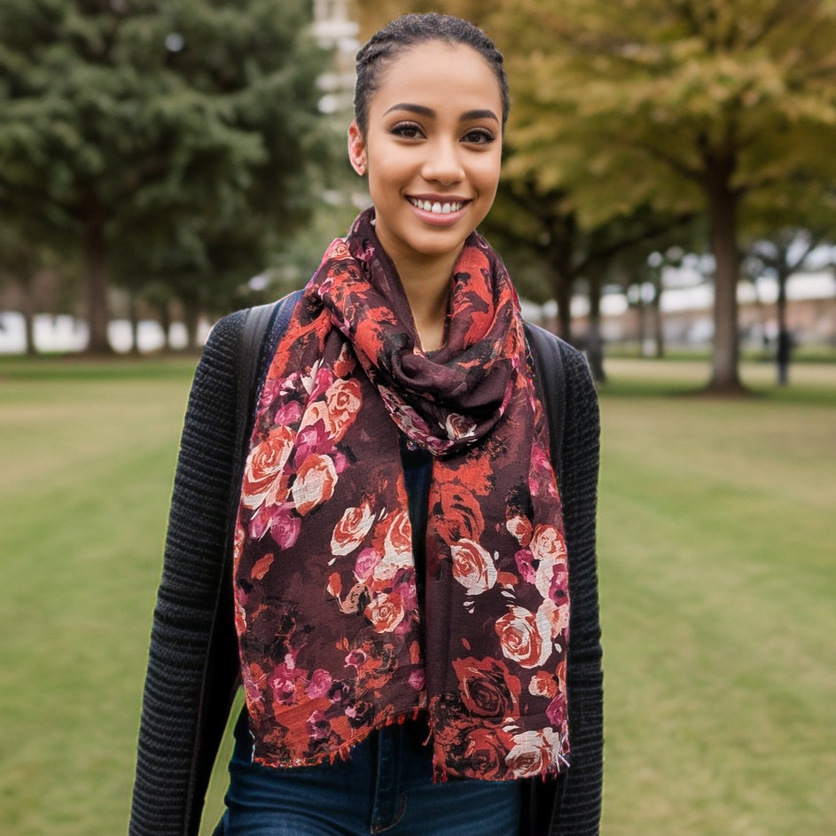 Tirtha - Roses Scarf (50x180cm) - Dark Red