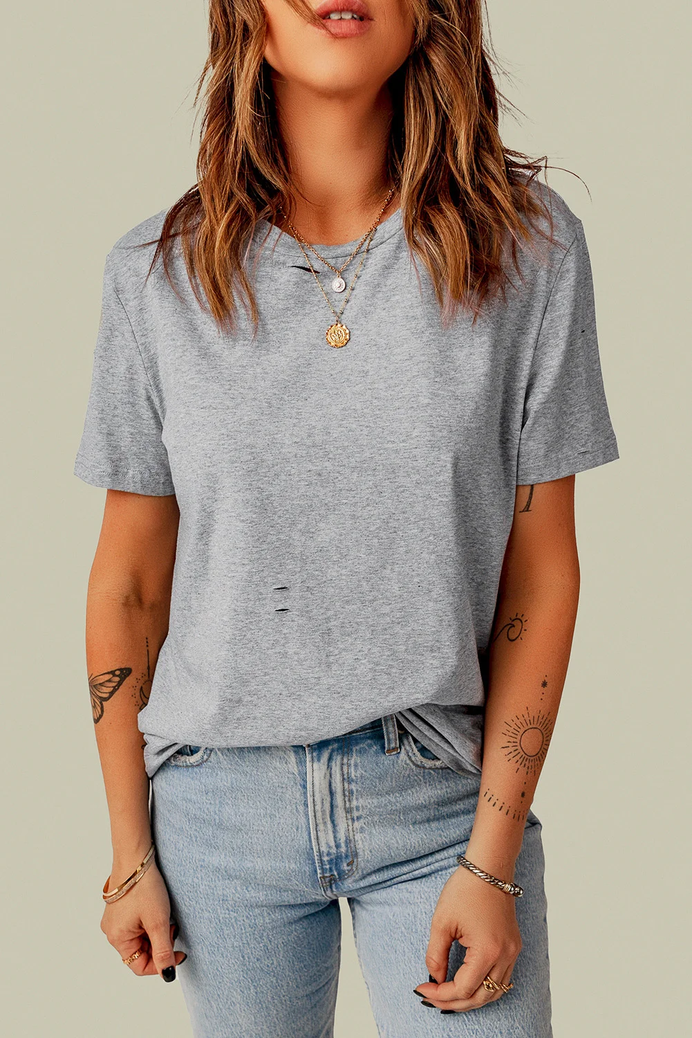 Gray Ripped Solid Color Short Sleeve T Shirt | IFYHOME