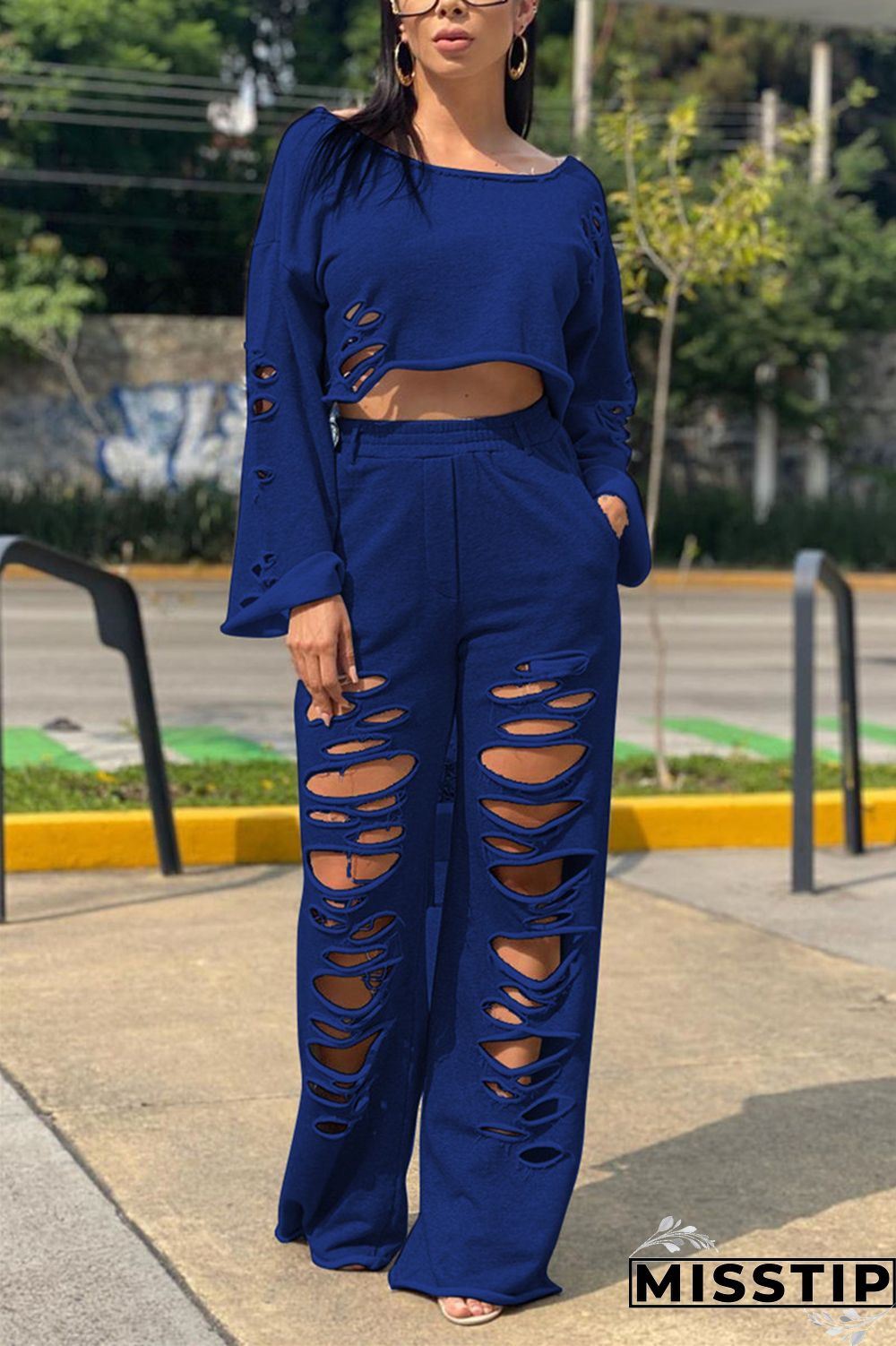 Dark Blue Casual Geometric pencil Long Sleeve Two Pieces