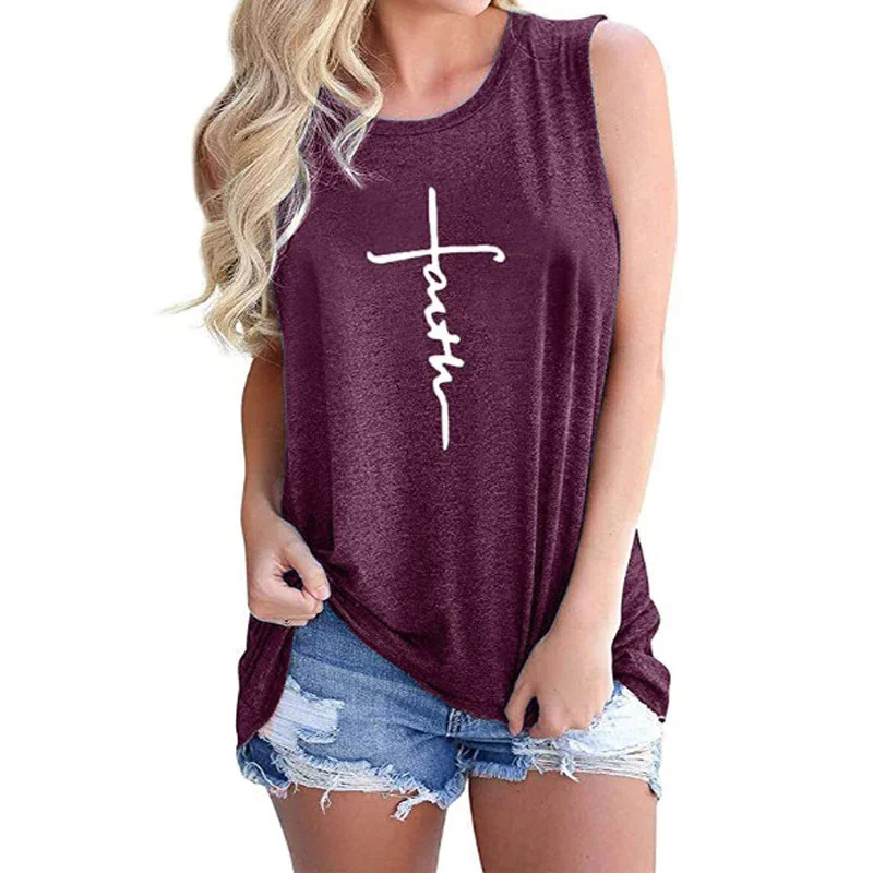 Ladies Vest Faith Letter Printing Round Neck Sleeveless T-Shirt