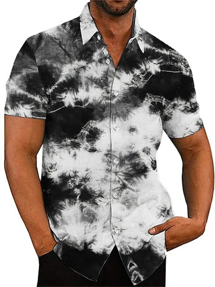 Tie-Dye Printed Men's Short Sleeve Lapel Casual Shirt Black Purple Yellow