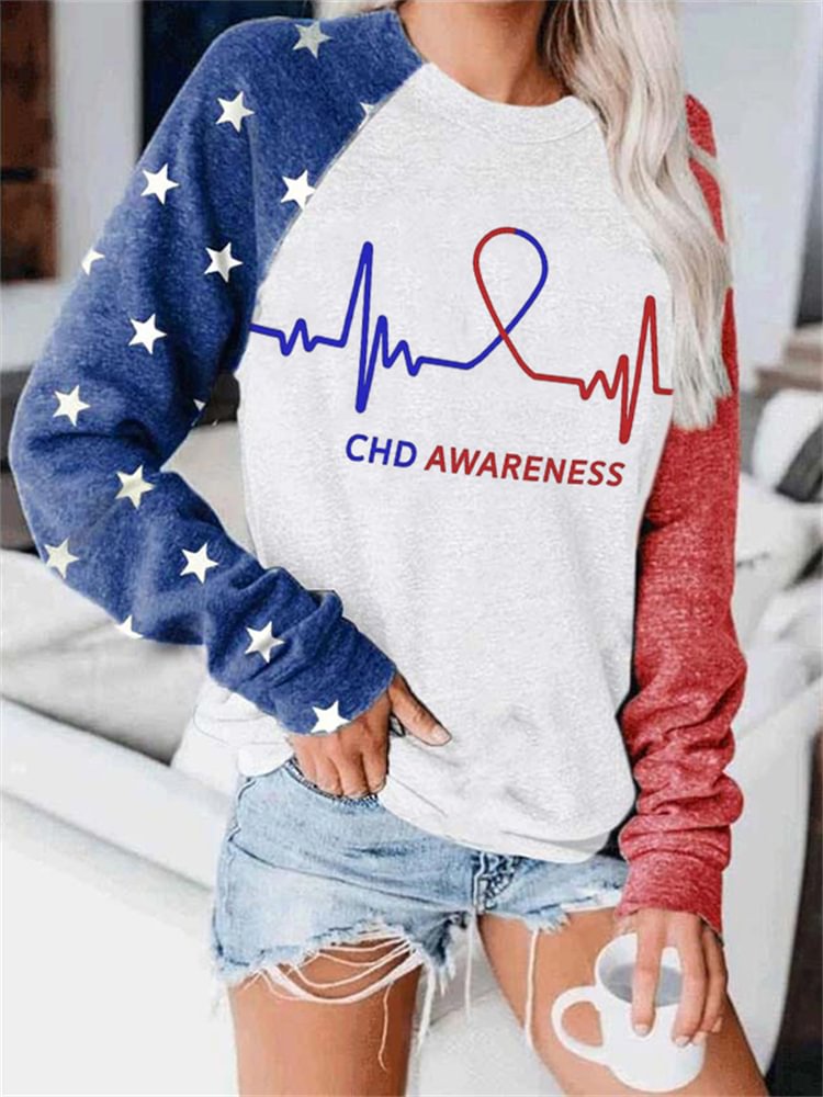 Comstylish CHD Awareness Ribbon ECG Contrast Color Sweatshirt
