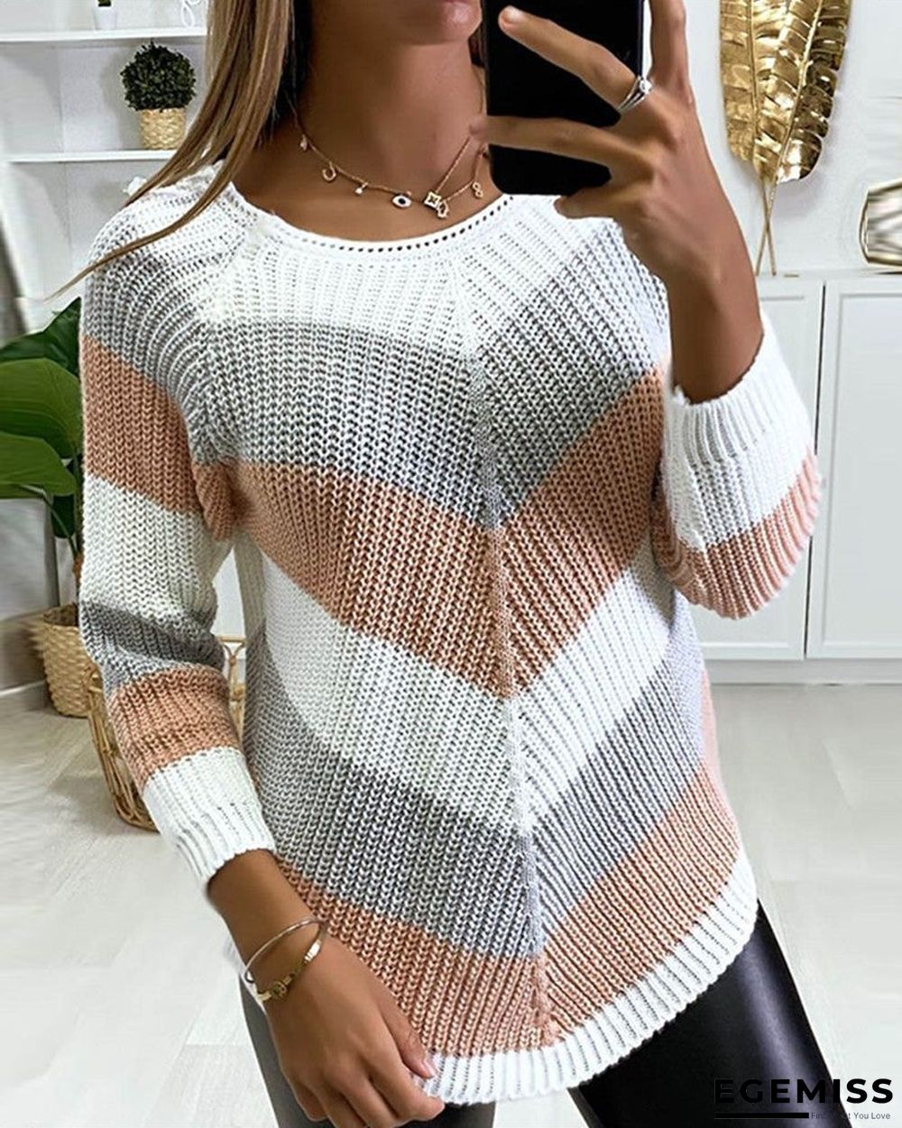 Chevron Pattern Colorblock Long Sleeve Knit Sweater | EGEMISS