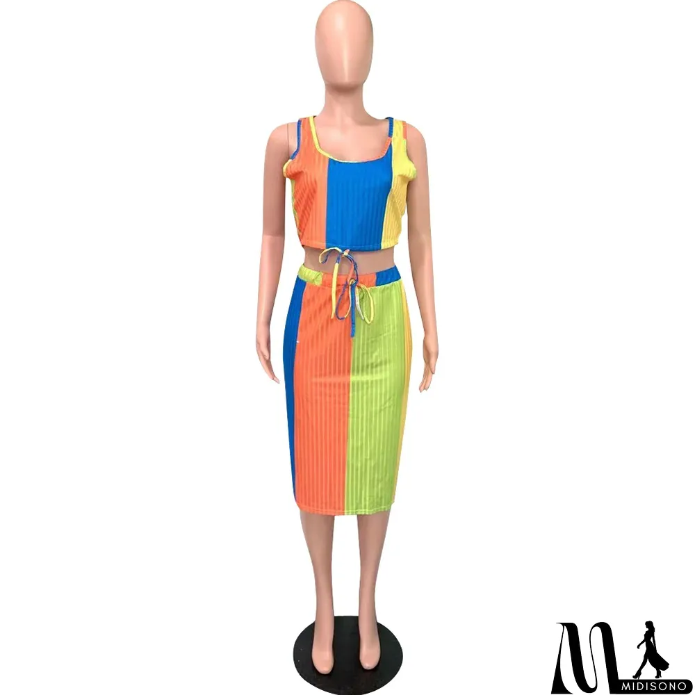 MidiSono - Plus Size Colorful Sleeveless Midi Skirt 2 Piece Sets