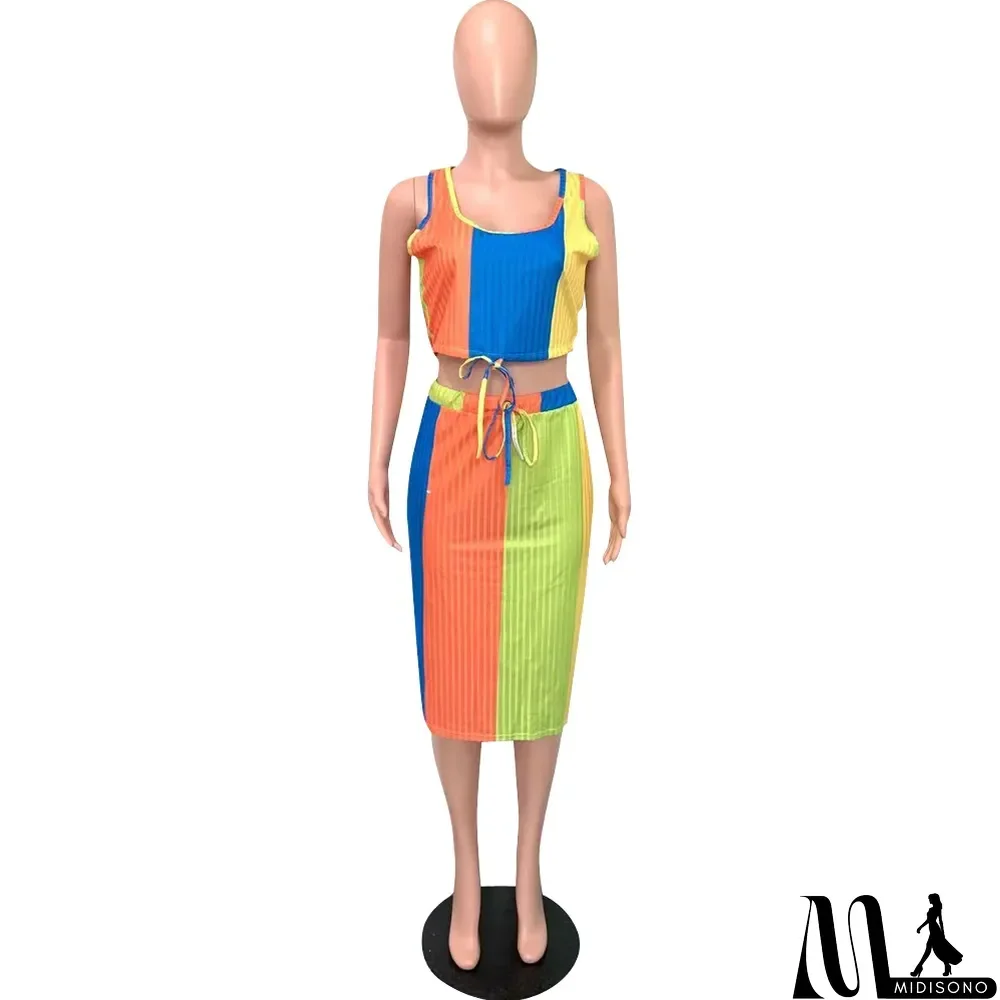 MidiSono - Plus Size Colorful Sleeveless Midi Skirt 2 Piece Sets