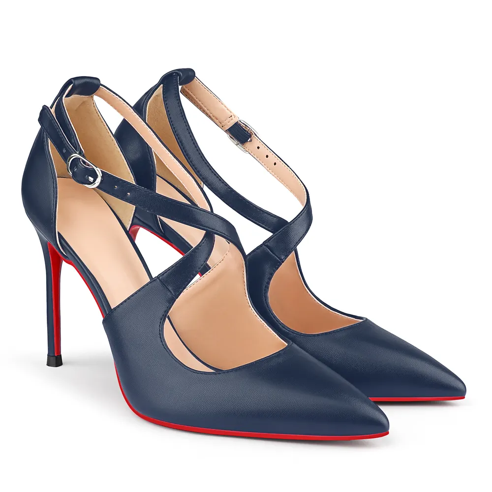 95mm Women's Pointed Toe Cross Strap Heels Red Bottoms Pumps Shoes Matte-vocosishoes
