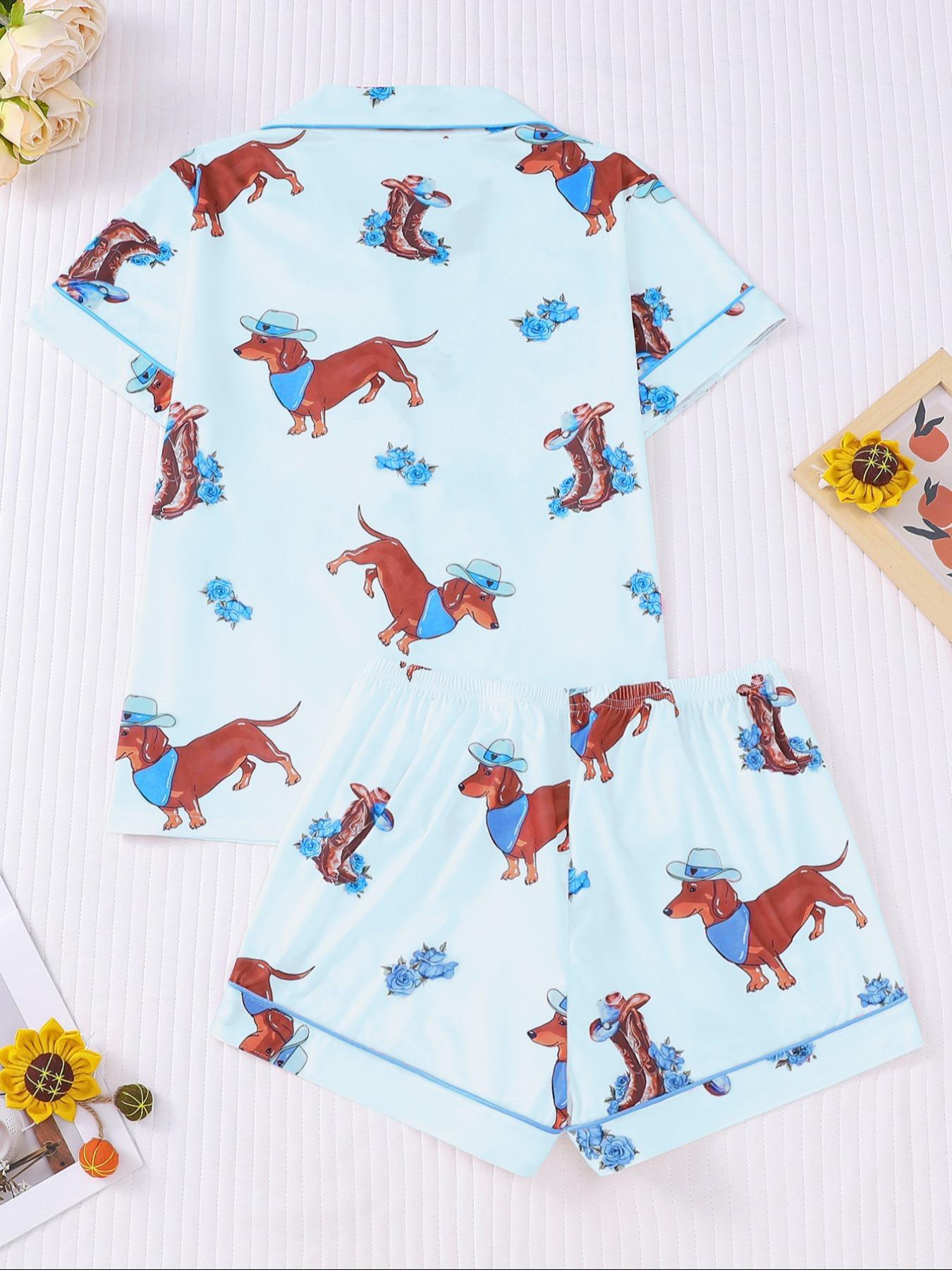 Women's All Over Dachshund Print Shirt & Elastic Waist Shorts Pyjama Two-piece Set, Matching Pj Set, Casual Comfy Short Sleeve Collared Top & Shorts PJ Set, Ladies Sleepwear for All Seasons, Loungewear, Sleep Pajamas Shorts