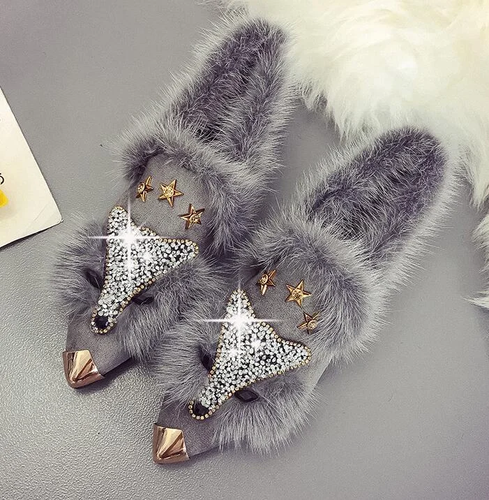 Qengg Fox Pattern Winter Flat Loafers Women Metal Pointed Toe Glitter Fur Moccasins Brand Design Ballet Flats Ladies Shoes