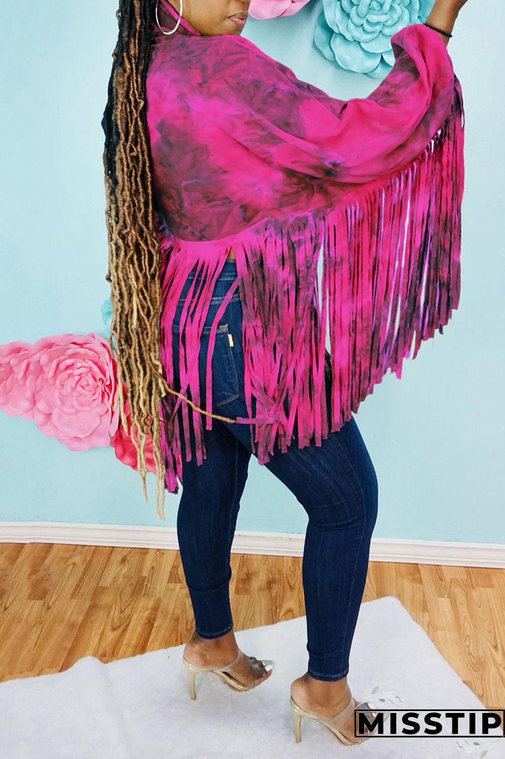 Rose Red Casual Print Tie Dye Tassel Patchwork Turtleneck Tops