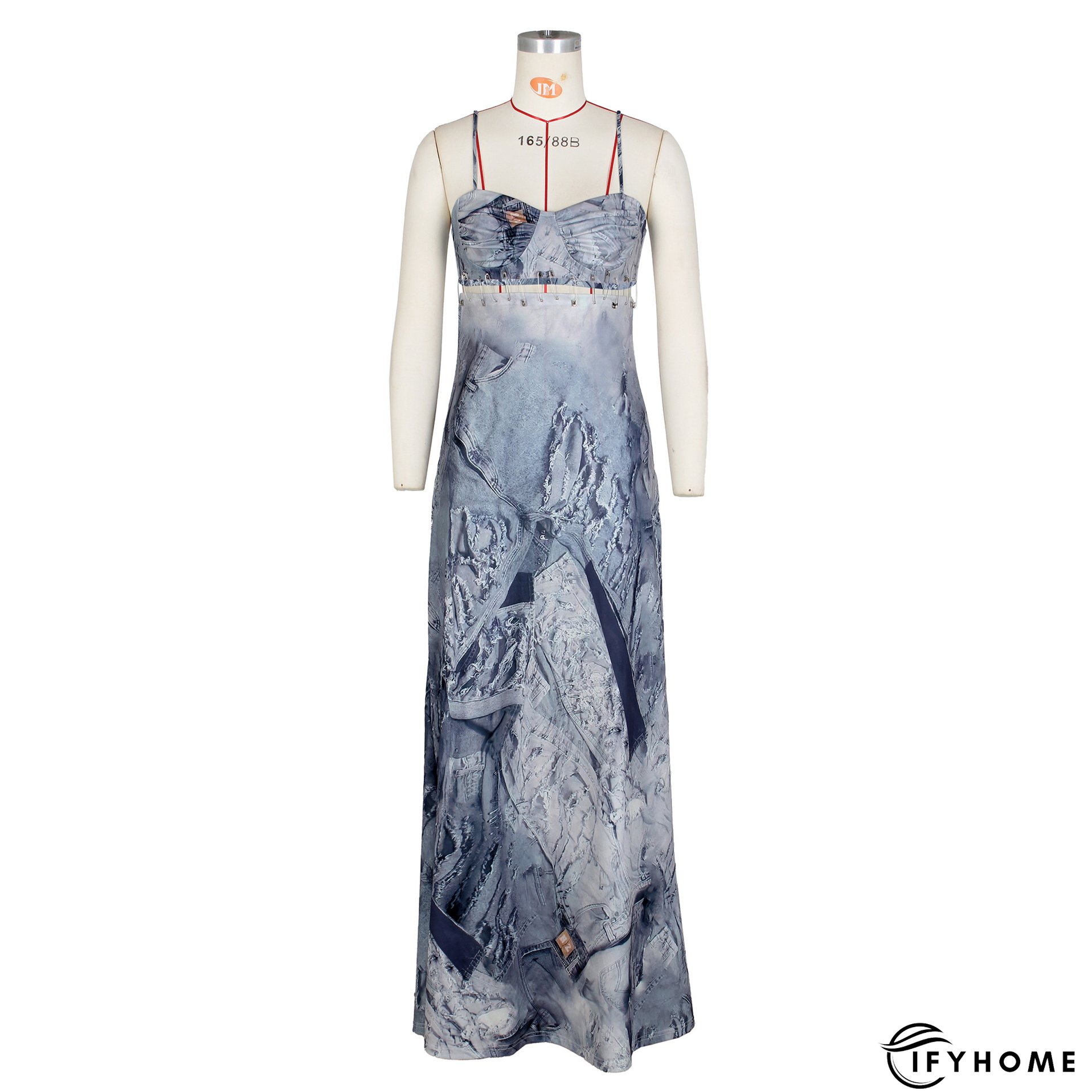 Sexy Ladies Denim Print Pin Embellished Backless Slip Maxi Dress | IFYHOME