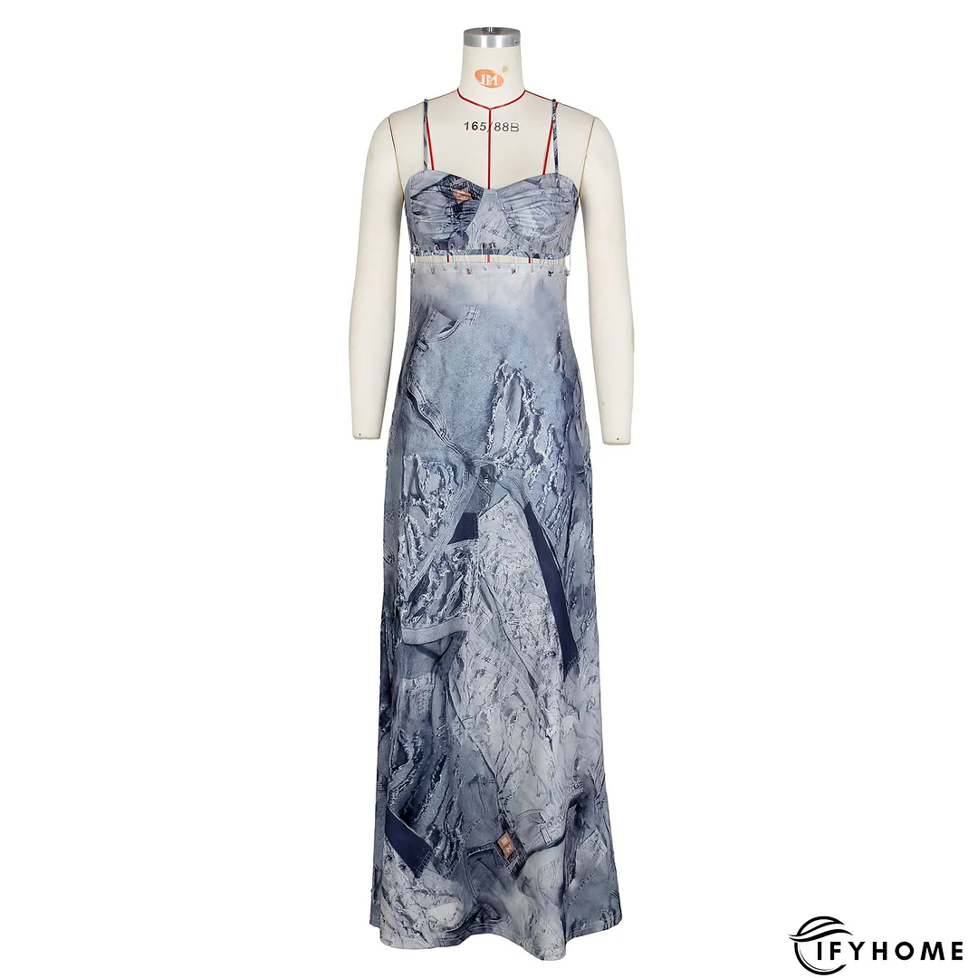 Sexy Ladies Denim Print Pin Embellished Backless Slip Maxi Dress | IFYHOME