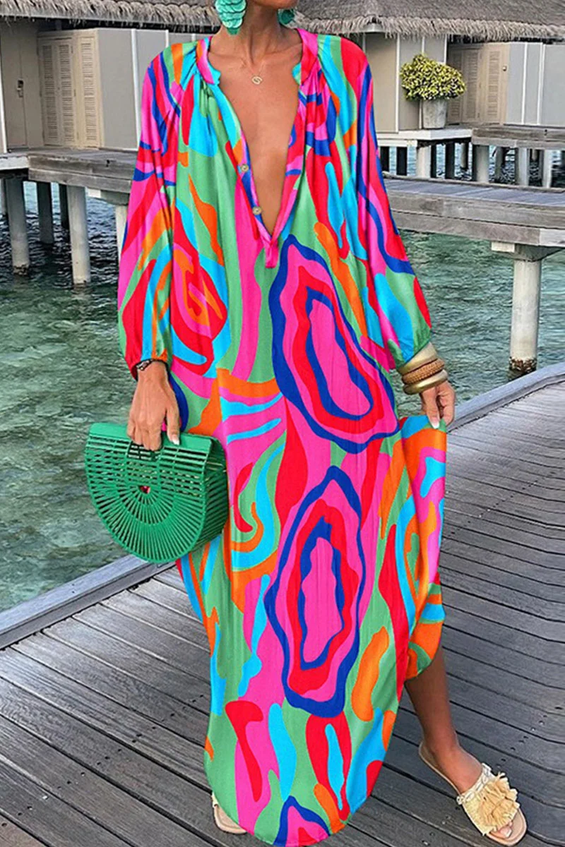 Pink Sexy Print Patchwork V Neck Straight Dresses | EGEMISS