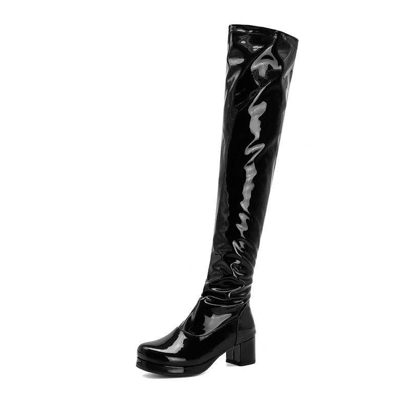 Gdgydh Patent Leather Waterproof Over The Knee Boots Women Candy Colors Green Yellow Fashion Style Long Boots With High Heels