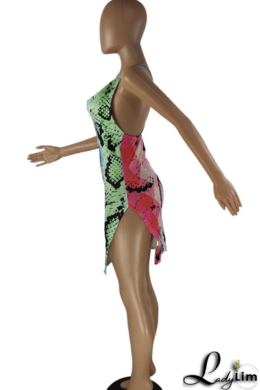 Multi-color Sexy Print Split Joint Slit Spaghetti Strap Pencil Skirt Dresses
