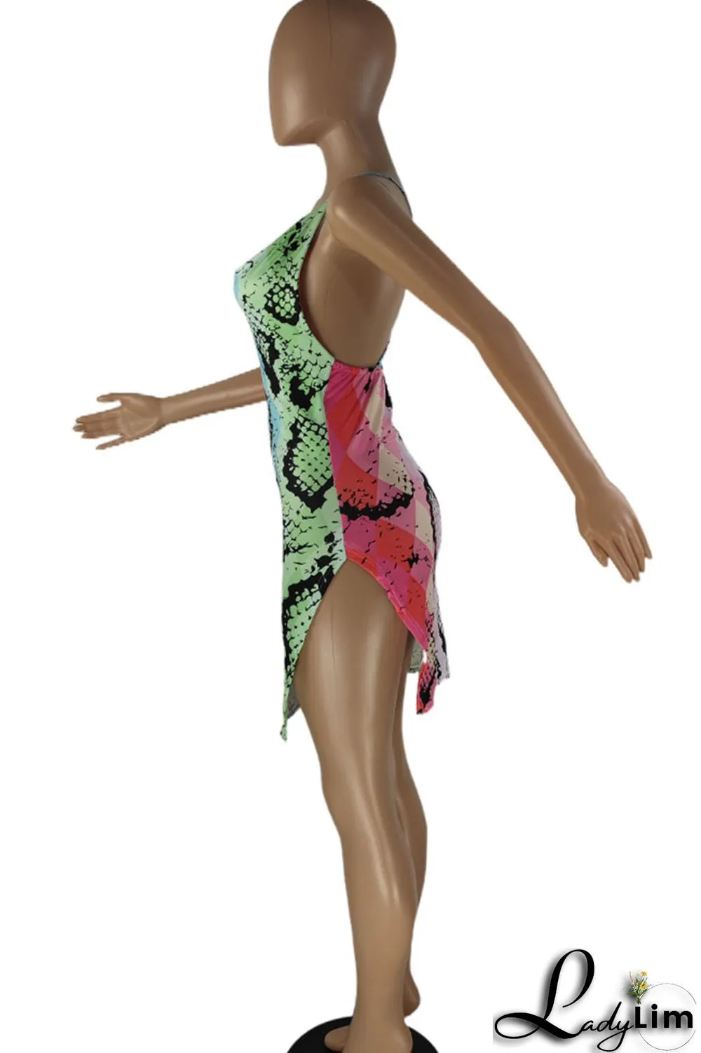Multi-color Sexy Print Split Joint Slit Spaghetti Strap Pencil Skirt Dresses