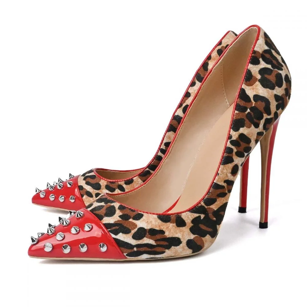 Leopard Heels Closed Toe Leopard Stiletto Heel with Rivet Nicepairs