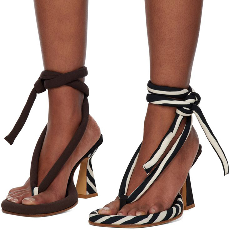 Black & White Striped Asymmetric Design Flared Heel Summer Sandals