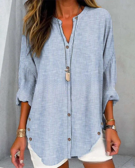 Women's Casual Fashion Button Striped Long Sleeve Solid Color Shirt socialshop