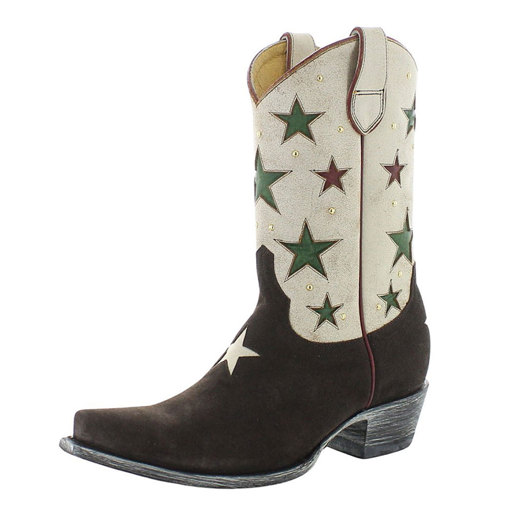 Brown & White Snip Toe Block Heel Short Cowgirl Boots with Stars